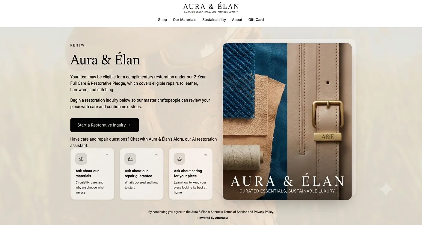 The Alternew restoration page embedded in the Aura & Élan storefront, with a Start a Restorative Inquiry button and three cards linking to the AI assistant